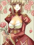  ahoge blonde_hair breasts cleavage dress epaulettes fate/extra fate_(series) flower green_eyes hair_ribbon large_breasts red_rose ribbon rose saber_extra solo warai 
