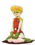  1girl cape carrie_kelley carrie_kelly dc_comics female glasses gloves kingtime kneeling robin_(dc) short_hair smile solo 