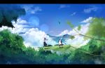  blue_hair capelet cloud clouds dress hat hat_removed headwear_removed hinanawi_tenshi long_hair mountain multiple_girls nagae_iku purple_hair scenery shawl short_hair sky standing tetsurou_(fe+) touhou tree 