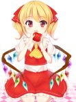  :o alternate_hairstyle apple ascot bad_id blonde_hair blush flandre_scarlet food fruit highres holding looking_at_viewer red_eyes skirt solo touhou twintails ura1011 wings 