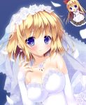  alice_margatroid bare_shoulders blonde_hair blue_background blue_eyes blush breasts collarbone dress earrings futaba_miwa jewelry large_breasts looking_at_viewer necklace petals shanghai_doll smile solo touhou veil wedding_dress 