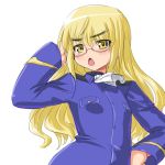  blonde_hair chestnut_mouth dd_(artist) glasses long_hair military military_uniform open_mouth perrine_h_clostermann solo strike_witches uniform yellow_eyes 