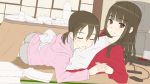  black_hair blush book bottle brown_eyes cat closed_eyes collarbone controller eyes_closed hand_holding holding_hands kotatsu long_hair looking_at_viewer lying multiple_girls open_book original remote_control shimano_natsume sketch smile table television twintails 