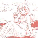  animal_ears bikini blush breasts bunny_ears charlotte_e_yeager long_hair monochrome open_mouth rabbit_ears sketch smile solo strike_witches swimsuit translation_request wink yudepii 