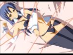  blue_hair bra brown_eyes idolmaster kisaragi_chihaya lingerie long_hair lying panties revealing_cutout shin&#039;ya_(nanp) shin'ya_(nanp) smile solo underwear 