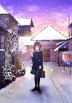  amayofuu bag bicycle blush breath brown_eyes brown_hair coat footprints highres looking_at_viewer original plant rooftop school_bag school_uniform short_hair skirt sky smile snow solo standing toggles waving 