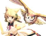  bird blonde_hair brown_eyes holding looking_at_viewer owl ritual_baton short_hair simple_background sleeveless takuzui touhou toyosatomimi_no_miko white_background wristband 