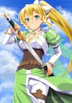  blonde_hair breasts cleavage elf green_eyes holding leafa long_hair miri_(ago550421) pointy_ears revision scabbard sheath side_ponytail sketch smile solo sword sword_art_online unsheathing weapon white_background 