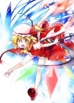 absurdres blonde_hair dress fang flandre_scarlet hat highres kiku_hitomoji long_hair looking_at_viewer open_mouth red_dress red_eyes side_ponytail slit_pupils solo torn_clothes touhou wings 