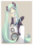  boots green_eyes green_hair hatsune_miku highres long_hair necktie shiitake_(mm0820) simple_background sitting skirt solo speaker thigh-highs thigh_boots thighhighs twintails very_long_hair vocaloid 