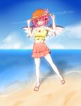  beach cloud clouds ear_piercing hat highres horizon krace mystia_lorelei ocean piercing pink_hair sandals skirt sky smile solo tank_top touhou water wings wink yellow_eyes 