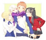  3girls ahoge black_hair blonde_hair blue_eyes brown_hair emiya_shirou fate/stay_night fate_(series) hair_ribbon illyasviel_von_einzbern long_hair multiple_girls neck_hug orange_eyes orange_hair red_eyes ribbon saber sweatdrop tam_(cuq) tohsaka_rin toosaka_rin two_side_up white_hair 