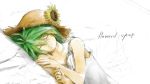  1girl camisole closed_eyes eyes_closed flower green_hair gumi hat loundraw original short_hair sleeping solo sun_hat sunflower traditional_media vocaloid 