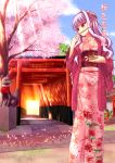  blush cherry_blossoms chopsticks hair_ribbon idolmaster japanese_clothes kimono long_hair nazu-na obi petals red_eyes ribbon shijou_takane silver_hair solo statue torii 