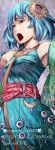  abe_yoshitoshi bare_shoulders blue_eyes blue_hair breasts flower hair_flower hair_ornament open_mouth original short_hair solo 