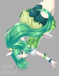  1girl ass bike_shorts blush character_name cure_march dress green_bike_shorts green_eyes green_hair grey_background long_hair magical_girl midorikawa_nao open_mouth ponytail precure s_ibane smile_precure! solo upside-down 