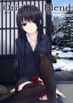  1girl black_eyes black_hair black_legwear blazer bow coffee-kizoku dress_shirt hair_in_mouth looking_at_viewer mouth_hold original partially_undressed school_uniform shirt sitting skirt solo thighhighs unbuttoned 