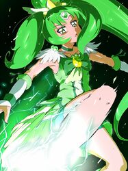  bike_shorts bow cure_march dress electricity green_eyes green_hair kicking long_hair midorikawa_nao ponytail precure shorts_under_skirt skirt smile_precure! solo tiara tj-type1 tri_tails 