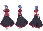 blue_hair breasts gradient_hair h-new hand_on_hip leaf long_skirt maple_leaf multicolored_hair no_socks purple_hair red_eyes sandals short_hair simple_background skirt touhou white_background yasaka_kanako