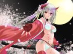  bare_shoulders bikini blood blush breasts cleavage colored demon_girl demon_tail fingerless_gloves front-tie_top full_moon gloves highres horns katana looking_at_viewer moon navel outstretched_hand papuniko pixiv_fantasia pixiv_fantasia_sword_regalia pointy_ears side-tie_bikini smile solo swimsuit sword tail thigh-highs thighhighs twintails weapon 