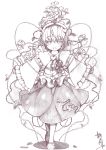  eyelashes flat_gaze flower frilled_sleeves full_body graphite_(medium) hairband heart highres kantarou_(nurumayutei) komeiji_satori looking_at_viewer monochrome open_mouth outstretched_arms rose short_hair skirt slippers smile solo spread_arms standing third_eye thorns touhou traditional_media wire 