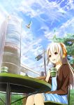  1girl :d bird bow building bush chair cloud clouds cup dove flying hairband highres leaf long_hair long_sleeves open_mouth original petals red_eyes reflection sitting sky smile solo table traffic_light tree tree-raim white_hair 