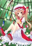  apple blonde_hair bloomers blush cage crystal fang flandre_scarlet flower food fruit hat hat_ribbon open_mouth red_eyes ribbon short_hair side_ponytail sitting skirt smile solo touhou wings 