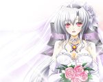  bouquet bow breasts bust cleavage dress elbow_gloves flower gloves hair_bow hair_flower hair_ornament jewelry large_breasts long_hair looking_at_viewer nanatsuki_(arca-nize) open_mouth pendant red_eyes smile solo sparkle veil vocaloid voyakiloid wedding_dress white_hair yowane_haku 