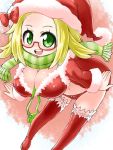  :d alternate_costume bag bel_(pokemon) blonde_hair boots bow bow_panties breasts cleavage glasses green_eyes hat large_breasts leaning_forward looking_at_viewer naitou_kouse navel open_mouth panties pokemon pokemon_(game) pokemon_bw pokemon_bw2 red_panties santa_hat scarf short_hair smile solo thigh-highs thigh_boots thighhighs underwear 