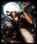  artist_request bald barefoot beard dark_skin facial_hair fighting_stance full_moon glowing glowing_eyes gouken japanese_clothes long_hair low-tied_long_hair male moon old_man ponytail red_eyes sleeveless solo street_fighter street_fighter_iv 