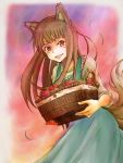  animal_ears apple basket brown_hair dog_ears food fruit holo leaf red_eyes smile solo spice_and_wolf tail traditional_media usaniku wheat 