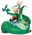  1boy agemono baseball_cap blush brown_hair heart pokemon pokemon_(creature) pokemon_(game) pokemon_bw red_eyes serperior short_hair touya_(pokemon) 