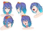  ^_^ blue_hair blush bust character_sheet closed_eyes gradient_hair h-new happy leaf maple_leaf multicolored_hair open_mouth profile purple_hair red_eyes sad short_hair smile tears touhou white_background yasaka_kanako 
