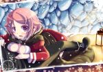  :d blush boots breast_press cloak kirito lantern lisbeth looking_at_viewer lying_on_person open_mouth pink_eyes pink_hair short_hair smile snowing solo sword_art_online tougo 