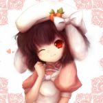  :3 alternate_costume amanojaku animal_ears brown_hair bunny_ears carrot face hat heart highres inaba_tewi rabbit_ears red_eyes ribbon short_hair smile solo touhou wink 