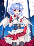  bat_wings black_legwear blue_hair blush flower fred0092 highres looking_at_viewer maid maid_headdress moon open_mouth petals puffy_sleeves red_eyes remilia_scarlet short_hair short_sleeves skirt skirt_lift smile solo thigh-highs thighhighs touhou wings wristband 