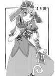  arm_ribbon boots border bow cross-laced_footwear dated dress frills front_ponytail hair_bow hair_ornament hair_ribbon hand_on_own_chest kagiyama_hina lace-up_boots long_hair looking_at_viewer monochrome ribbon short_sleeves solo takuzui touhou 