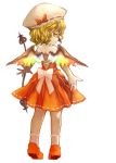  1girl alternate_costume alternate_wings backless_outfit blonde_hair daiquiri dress expressionless flandre_scarlet from_behind hat hat_ribbon laevatein looking_back mob_cap open_hands outstretched_arms pointy_ears red_eyes ribbon short_hair side_glance simple_background solo spread_arms touhou white_background wings 