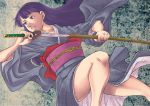  bare_legs character_request japanese_clothes katana kimono long_hair obi okada_mao original purple_eyes purple_hair sheath solo sword unsheathing violet_eyes weapon 