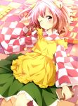  apron ayase_midori bell blush book checkered checkered_floor checkered_skirt clothes_writing glasses glasses_removed hair_bell hair_ornament long_sleeves looking_at_viewer motoori_kosuzu on_back pillow pink_hair red_eyes short_hair skirt solo touhou wink 