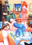  ai_(fujiwara_gacho) animal_on_head blurry blush cat cat_on_head clothes_writing depth_of_field fujiwara_gacho futon fuu-chan_(fujiwara_gacho) glasses green_eyes green_hair highres holding holding_glasses motion_blur multicolored_eyes multiple_girls orange_eyes orange_hair original purple_eyes short_hair sleepy too_many_cats window 