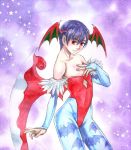  bare_shoulders bat bridal_gauntlets flat_chest hair_between_eyes hand_on_own_chest head_wings kikimimi_612 lilith_aensland pantyhose print_pantyhose purple_background purple_hair red_eyes short_hair solo star traditional_media vampire_(game) watercolor_(medium) weapon 