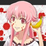 banana banana_in_ear blood blood_on_face blood_splatter bloody_clothes collarbone crazy dora_the_explorer evil_smile face food frills fruit gasai_yuno grin holding holding_fruit long_hair looking_at_viewer low_twintails lowres mirai_nikki parody pink_hair red_eyes smile solo teeth twintails waruiga yandere 