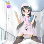  akemi_homura bespectacled biohazard_symbol black_hair black_legwear clipboard curtains dress garter_straps glasses hat highres id_card intravenous_drip kneeling kuro_chairo_no_neko lights long_hair looking_at_viewer mahou_shoujo_madoka_magica nurse nurse_cap on_bed pink_dress purple_eyes silhouette solo syringe thigh-highs thighhighs very_long_hair violet_eyes zettai_ryouiki 