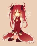  alternate_hairstyle bare_shoulders black_legwear fang fingerless_gloves gloves hair_ribbon mahou_shoujo_madoka_magica mmco red_eyes red_hair redhead ribbon sakura_kyouko skirt solo thigh-highs thighhighs twintails 