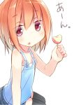  apple bare_shoulders blush camisole flat_chest flat_gaze food fruit fujiwara_gacho fuu-chan_(fujiwara_gacho) heart heart-shaped_pupils looking_at_viewer orange_hair original pink_eyes pov_feeding purple_eyes short_hair simple_background solo symbol-shaped_pupils thighhighs violet_eyes white_background zettai_ryouiki 