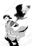  bird character_request dagger hawk japanese_clothes katsura_(+araka) monochrome seirei_no_moribito short_ponytail smile weapon 