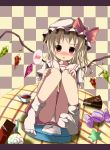  :o blonde_hair blush bow candy checkered checkered_background chocolate flandre_scarlet hat hat_bow highres kazura letter lollipop looking_at_viewer panties red_eyes scales sitting skirt slice_of_cake socks solo speech_bubble spoken_blush star swirl_lollipop table touhou underwear white_panties wings 