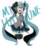  2012 arm_up character_name dated detached_sleeves hatsune_miku headset long_hair necktie open_mouth radon simple_background skirt solo thigh-highs thighhighs twintails very_long_hair vocaloid white_background wink 
