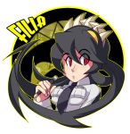  1girl black_hair breasts character_name extra_mouth filia_(skullgirls) long_hair necktie pencil prehensile_hair red_eyes samson_(skullgirls) school_uniform shotlancer skullgirls solo yellow_eyes 